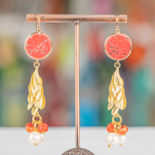 Boucles d'oreilles clous en bronze avec jade de Birmanie et perles avec corail 17x72mm rouge