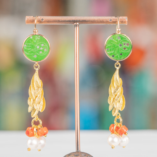 Boucles d'oreilles clous en bronze avec jade birman et perles avec corail 17x72mm vert