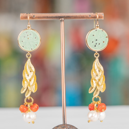 Pendientes de Bronce con Jade Birmano y Perlas con Coral 17x72mm Verde Claro