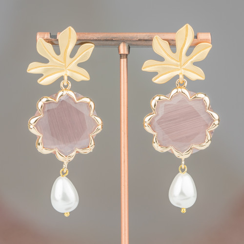 Bronze Stud Earrings with Flower Cat's Eye and Majorcan Pearls 30x68mm Powder
