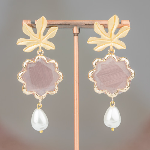 Boucles d'oreilles clous en bronze avec fleur oeil de chat et perles de Majorque 30x68mm poudre