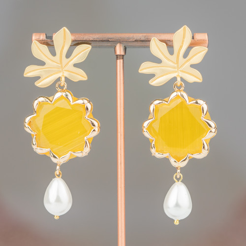 Bronze Stud Earrings with Flower Cat's Eye and Majorcan Pearls 30x68mm Yellow