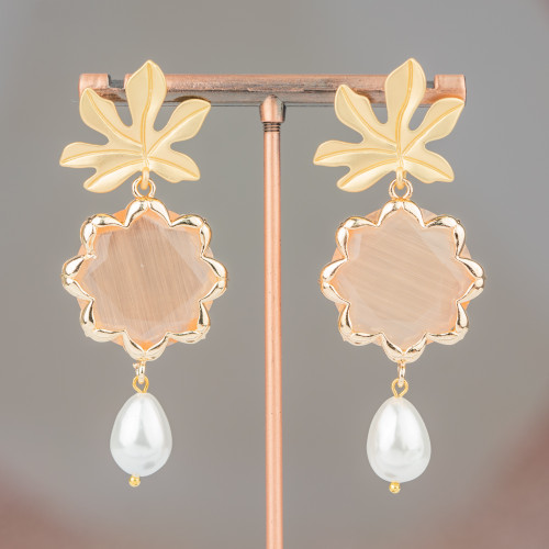 Bronze Stud Earrings with Flower Cat's Eye and Majorcan Pearls 30x68mm Peach