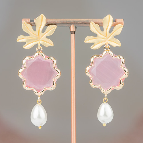 Bronze Stud Earrings with Flower Cat's Eye and Majorcan Pearls 30x68mm Pink