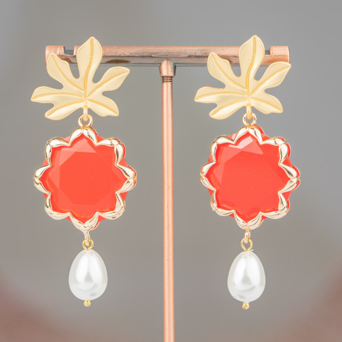 Boucles d'oreilles clous en bronze avec fleur oeil de chat et perles de Majorque 30x68mm rouge