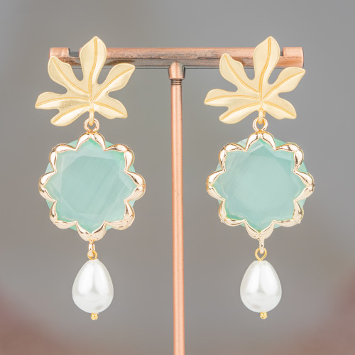 Bronze Stud Earrings with Flower Cat's Eye and Majorcan Pearls 30x68mm Aqua Green
