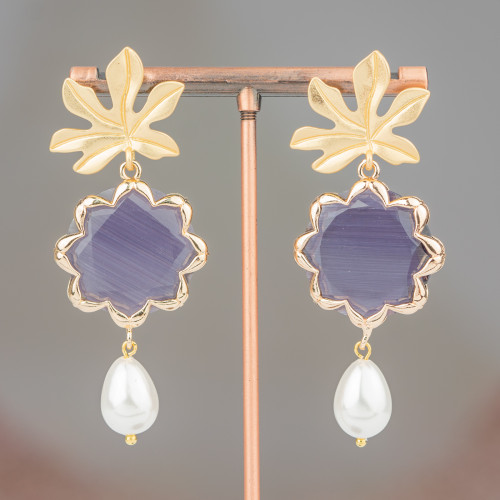 Bronze Stud Earrings with Flower Cat's Eye and Majorcan Pearls 30x68mm Purple