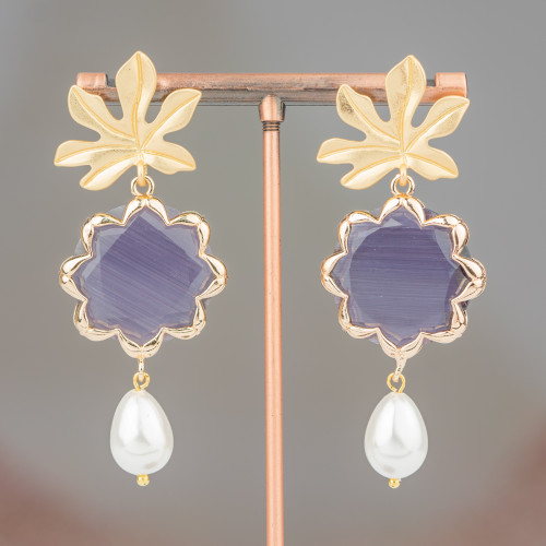 Orecchini A Perno Di Bronzo Con Occhio Di Gatto A Fiore E Perle Di Maiorca 30x68mm Viola