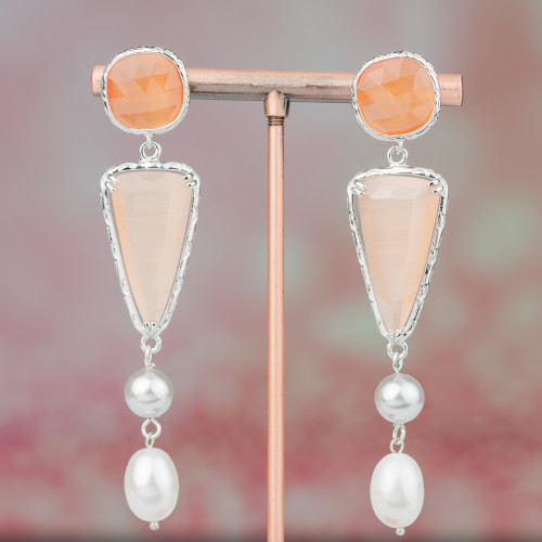 Bronze Cat's Eye Pearl Stud Earrings 15x72mm Peach