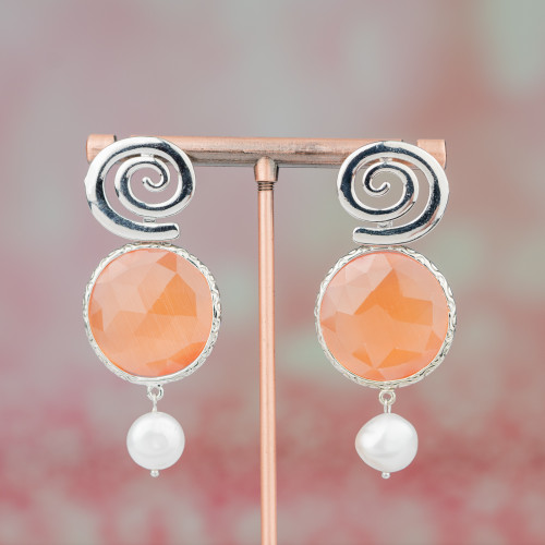 Round Cat's Eye Bronze Stud Earrings Set 24x40mm Rhodium Peach