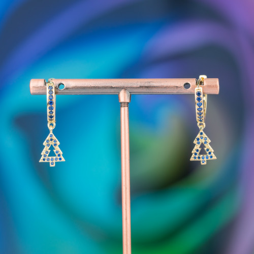 Boucles D'oreilles Puces Bronze Avec Zircons Et Pendentif Fantaisie 9x26mm Arbre Doré Bleu