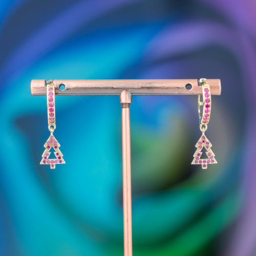 Boucles D'oreilles Puces Bronze Avec Zircons Et Pendentif Fantaisie 9x26mm Arbre Doré Rose
