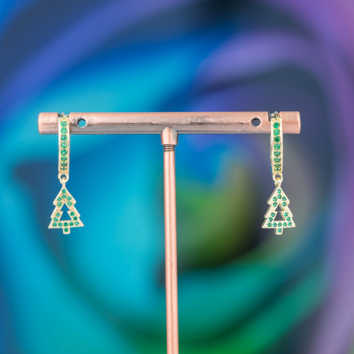 Bronze Stud Earrings With Zirconia And Pendant Fantasy 9x26mm Green Golden Tree