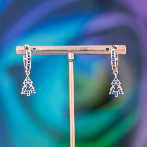 Bronze Stud Earrings With Zirconia And Pendant Fantasy 9x26mm Tree Rose Gold Blue