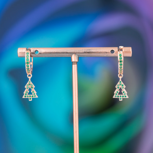 Boucles D'oreilles Puces Bronze Avec Zircons Et Pendentif Fantaisie 9x26mm Arbre Or Rose Vert