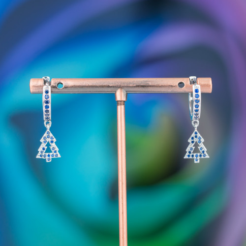 Boucles d'oreilles tiges bronze avec zircons et pendentif fantaisie 9x26 mm arbre rhodié bleu