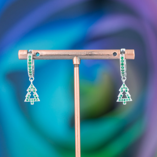 Bronze Stud Earrings With Zirconia And 9x26mm Green Rhodium Tree Fantasy Pendant