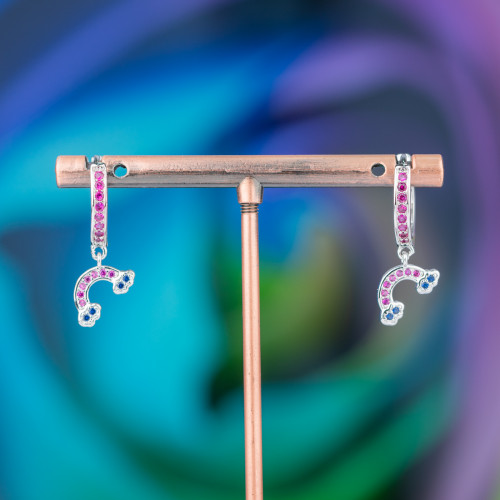 Bronze Stud Earrings With Zirconia And Pendant Fantasy 9x26mm Rainbow Rhodium Pink And Blue