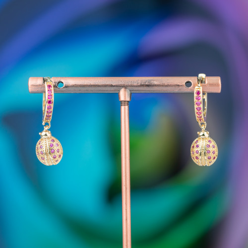 Bronze Stud Earrings With Zirconia And 9x26mm Ladybug Fantasy Pendant Rose Gold