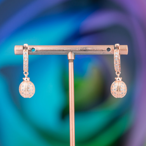Bronze Stud Earrings With Zirconia And Pendant Fantasy 9x26mm Ladybug Rose Gold White