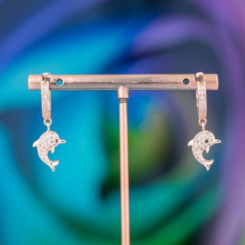 Bronze Stud Earrings With Zirconia And Pendant Fantasy 9x26mm Dolphin Rose Gold White