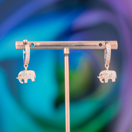 Bronze Stud Earrings With Zirconia And Pendant Fantasy 9x26mm Elephant Rose Gold White