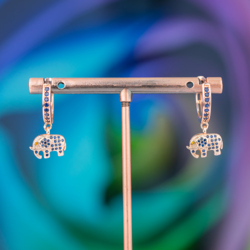 Bronze Stud Earrings With Zirconia And 9x26mm Elephant Fantasy Pendant Rose Gold Blue