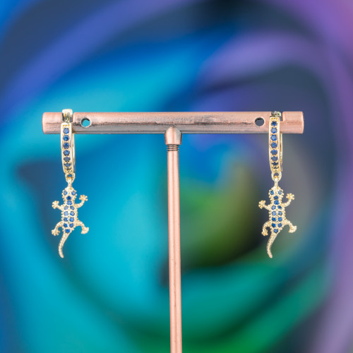 Pendientes De Bronce Con Circonitas Y Colgante Fantasía 9x26mm Gecko Azul Dorado