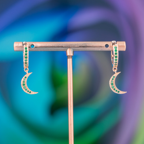 Boucles D'oreilles Puces Bronze Avec Zircons Et Pendentif Fantaisie 9x26mm Lune Or Rose Vert