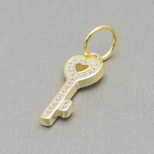Charms Pendants Of 925 Silver Large Hole With Zircons Key With Heart 5pcs Golden