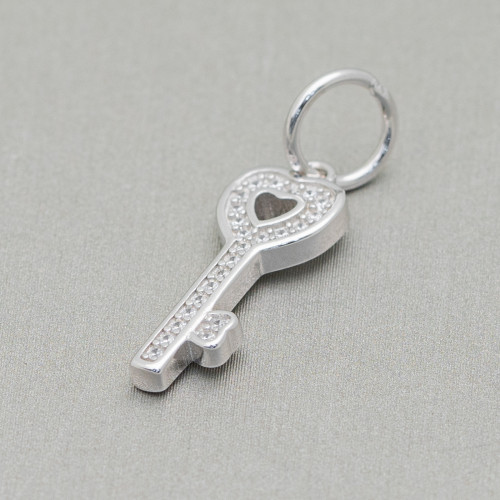 Charms Pendants Of 925 Silver Large Hole With Zircons Key With Heart 5pcs Rhodium Plated