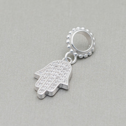 Charms Pendants Of 925 Silver Large Hole With Cubic Zirconia Hand Of Fatima 4pcs Rhodium Plated