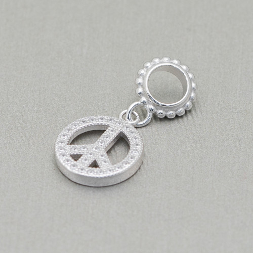 Charms Pendants Of 925 Silver Large Hole With Zircons Peace 5pcs Rhodium Plated