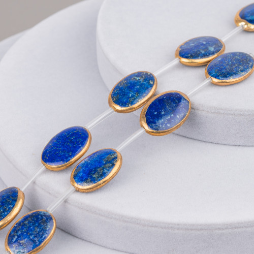 Perles en Fil Lapis Lazuli Composant Ovale Plat Bordure Dorée 18x25mm 8pcs