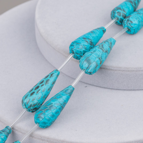 Cuentas de hilo de componente de cuero con forma de piel de serpiente, 14x36 mm, 6 piezas, color turquesa