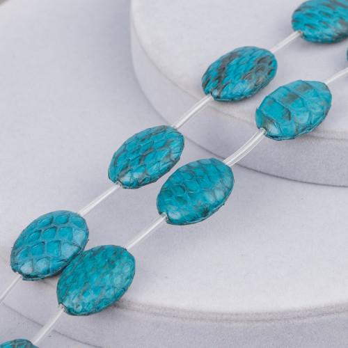 Fil de Composant Peau de Serpent Perles Ovales Plats 18x25mm 8pcs Bleu Sarcelle