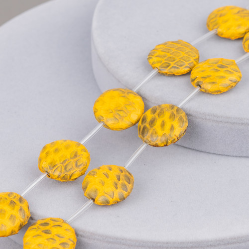 Flat Round Snake Skin Component Strand Beads 20mm 10pcs Yellow