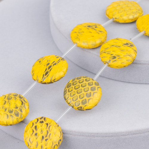 Flat Round Snake Skin Component Strand Beads 25mm 8pcs Yellow