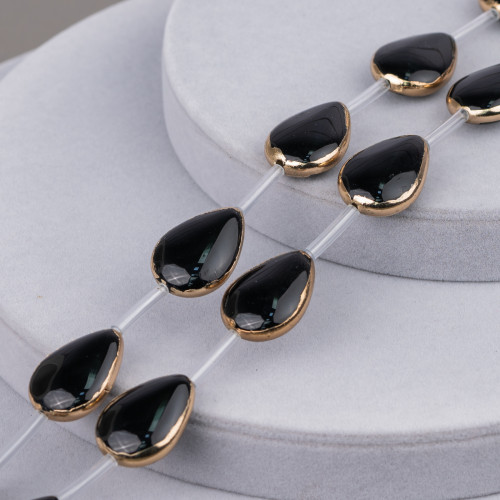 Fil de perles, composants d'agate noire, bord doré, goutte plate, 18x25mm, 9 pièces