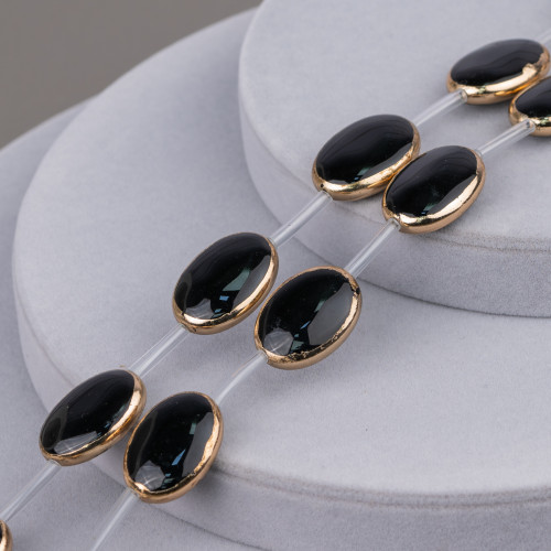 Strand Beads Components of Black Agate Gold Edged Flat Oval 15x20mm 10pcs