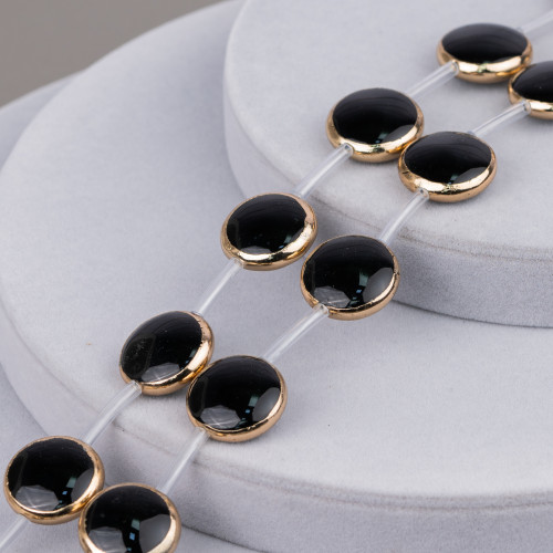 Fil de perles en agate noire, composants dorés, rond, plat, lisse, 20mm, 10 pièces