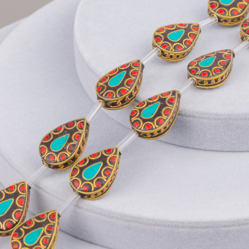 Strand Beads Tibetan Mosaic Components Flat Drops 17x26mm 8pcs