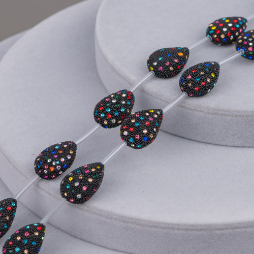 Black Connector Strand Beads With Multicolor Rhinestones Flat Drop 15x23mm 10pcs