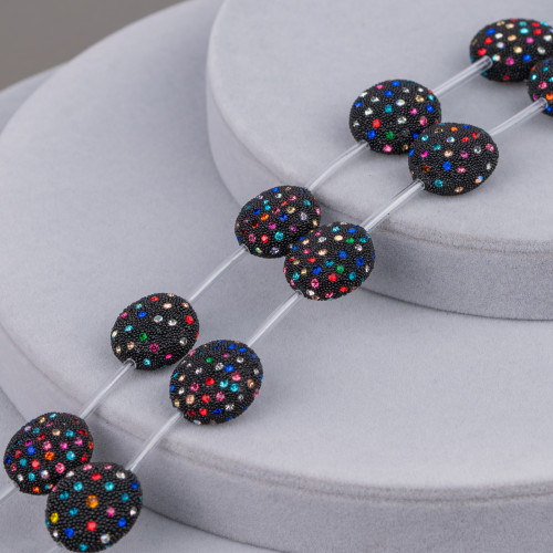 Schwarze Verbindungs-Strassperlen mit mehrfarbigen Strasssteinen, rund, flach, 20 mm, 10 Stück