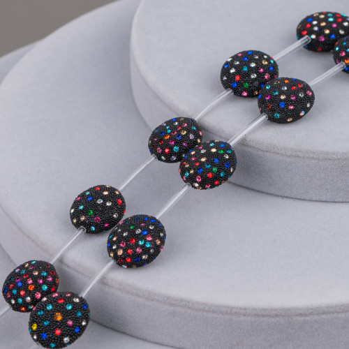 Perline A Filo Connettore Nero Con Strass Multicolor Tondo Piatto 20mm 10pz