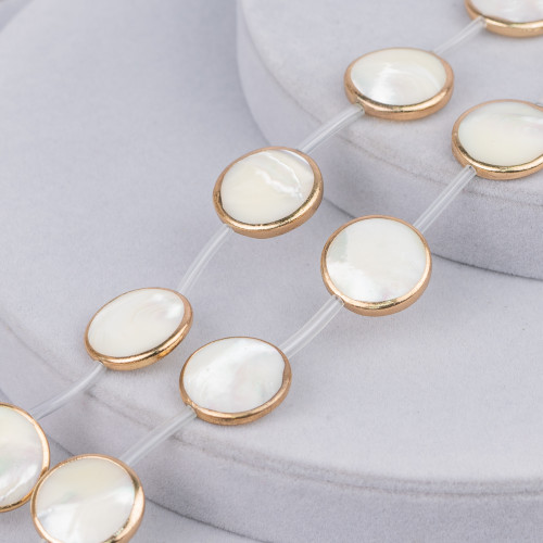 White Mother of Pearl Strand Beads Round Flat Smooth Gold Edged Coin 20mm 9pcs