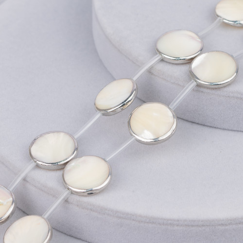 White Mother of Pearl Strand Beads Round Flat Smooth Coin Rhodium Edged 20mm 9pcs