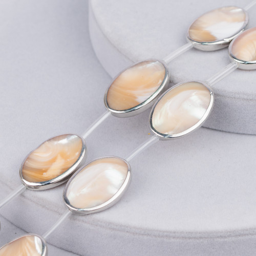 Mother of Pearl Strand Beads Cappuccino Flat Oval Rhodium Edged 20x30mm 8pcs