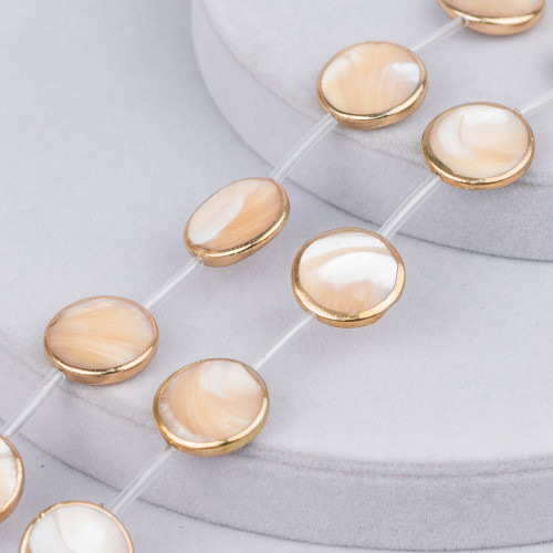 Mother of Pearl Strand Beads Cappuccino Round Flat Smooth Coin Gold Edged 20mm 9pcs