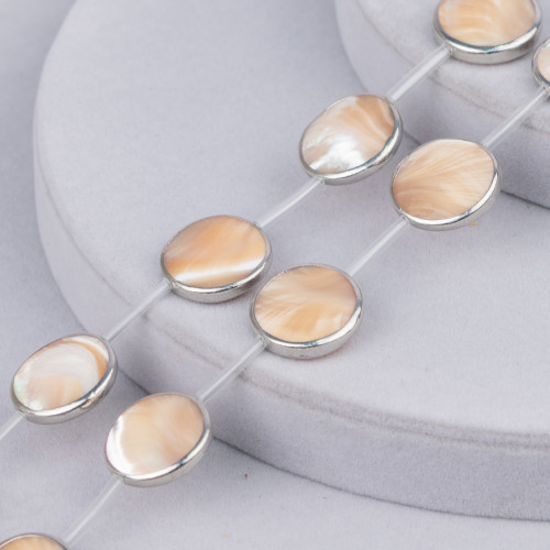 Mother of Pearl Strand Beads Cappuccino Round Flat Smooth Coin Rhodium Edged 20mm 9pcs